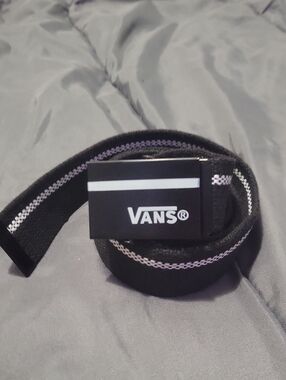 Vans Black Belt with White Stripe and Logo Buckle
